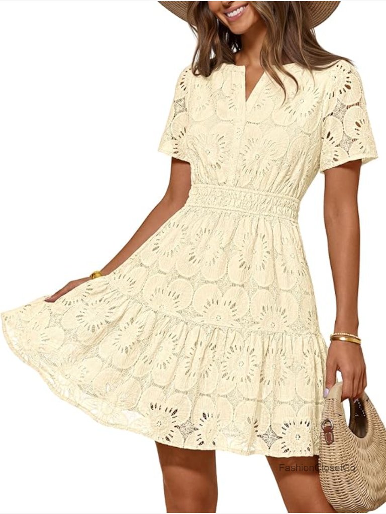 Women's Short Sleeve Eyelet Lace A-Line Mini Sundress Summer Boho Beach